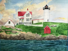 Load image into Gallery viewer, A watercolor of Nubble Lighthouse before sunset with a storm brewing