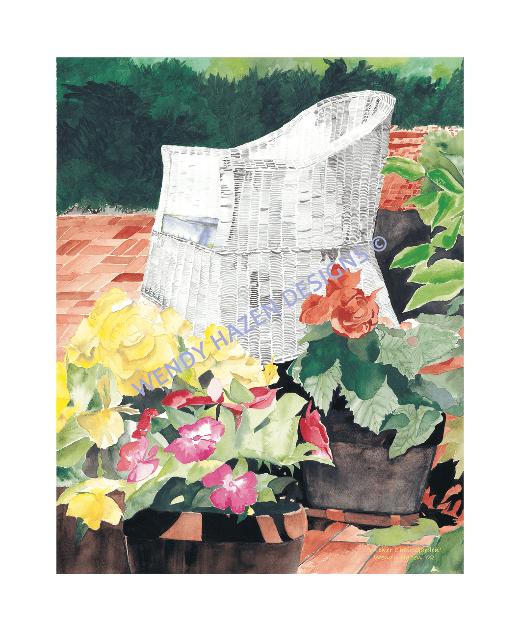 White wicker chair with a petunia garden