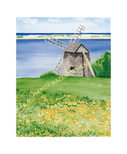 Load image into Gallery viewer, A Cape Cod Windmill by the ocean with a lagoon in front and a sand dune then beyond the Atlantic Ocean