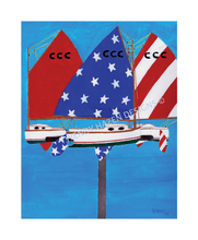 Load image into Gallery viewer, Catboat Whirlygig with Red, White and Blue sails.  Happy 4th of July