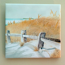 Load image into Gallery viewer, The Beach Path in a Black Wooden Frame.  The weathered split rail fence leading towards the beach with the fall seagrass beyond.  On the horizon is Cape Cod Bay looking towards Wellfleet.
